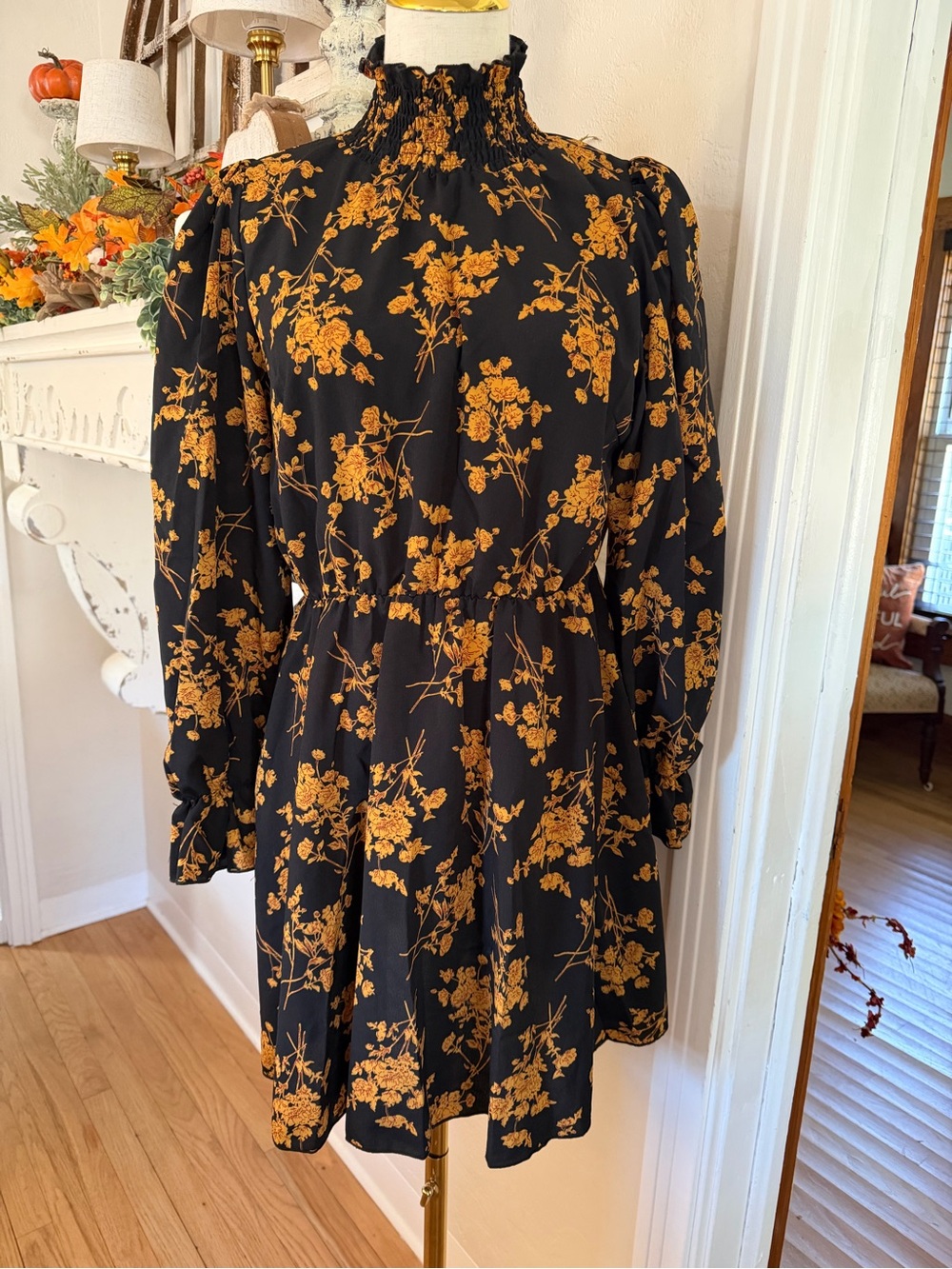 Black Long-Sleeve Smocked Neck Mini Dress with Mustard Floral